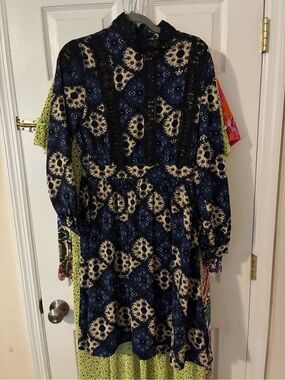 Blue Rain Boutique Lace Trim Boho Dress Navy Cream Size M